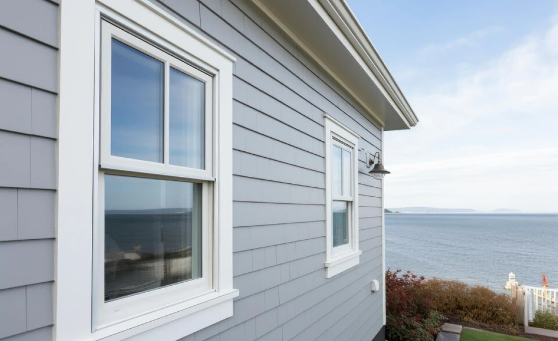 A stylish Michigan home showcasing light gray siding with white trim, set against lush landscaping.