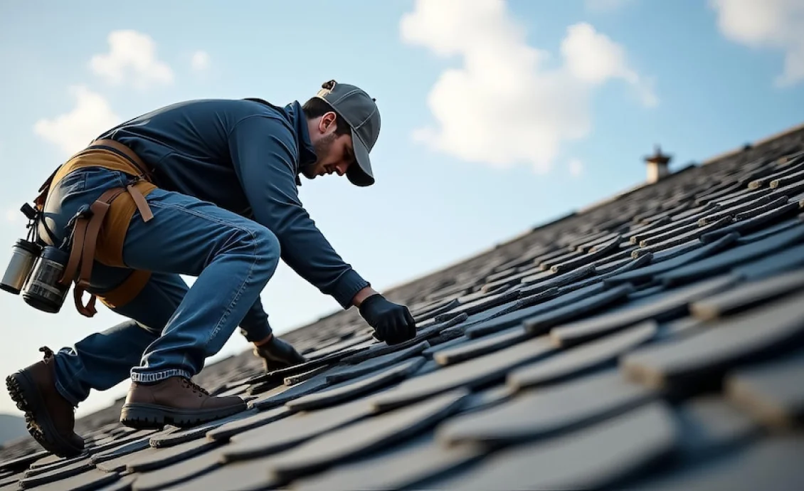 A roofing professional inspecting a roof in Michigan with clear blue skies in the background.