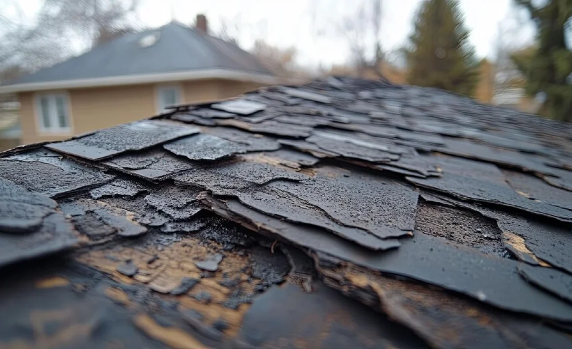 A damaged roof deck with visible water stains and sagging rooflines in a Michigan home.