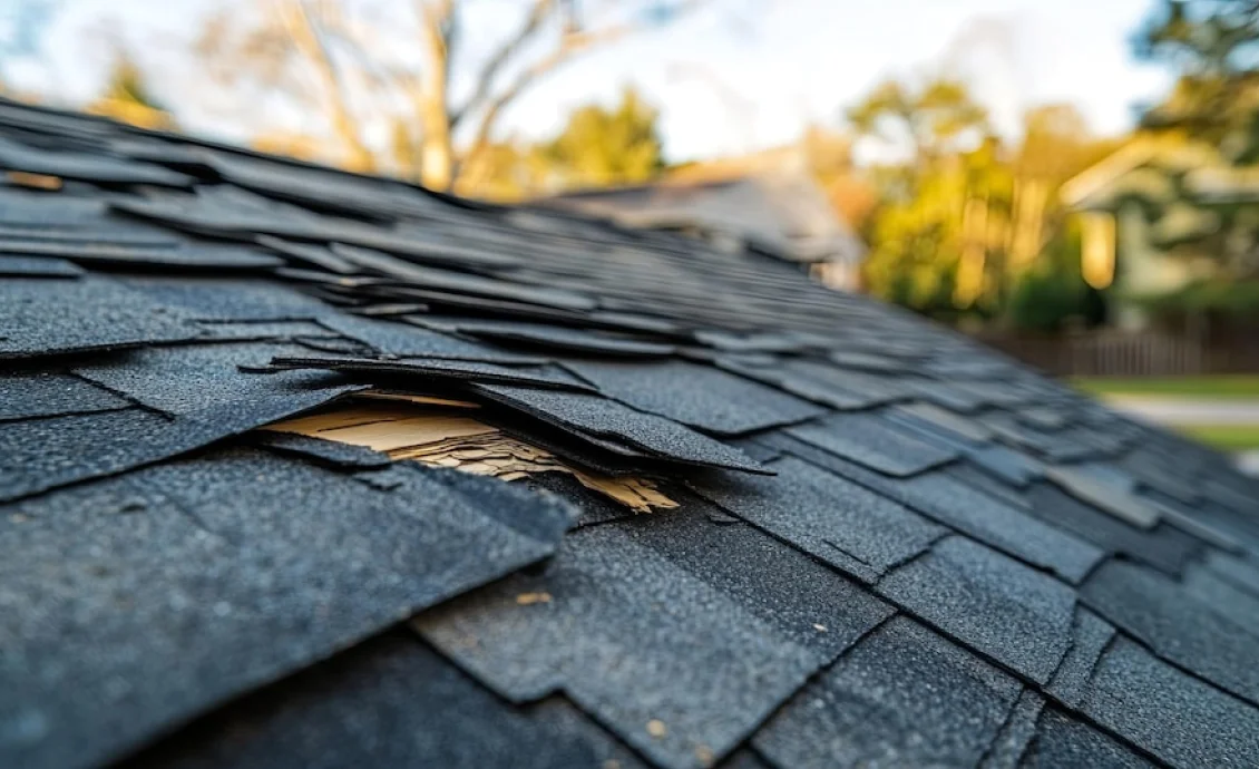 A roofing professional inspecting a roof in Michigan with clear blue skies in the background.