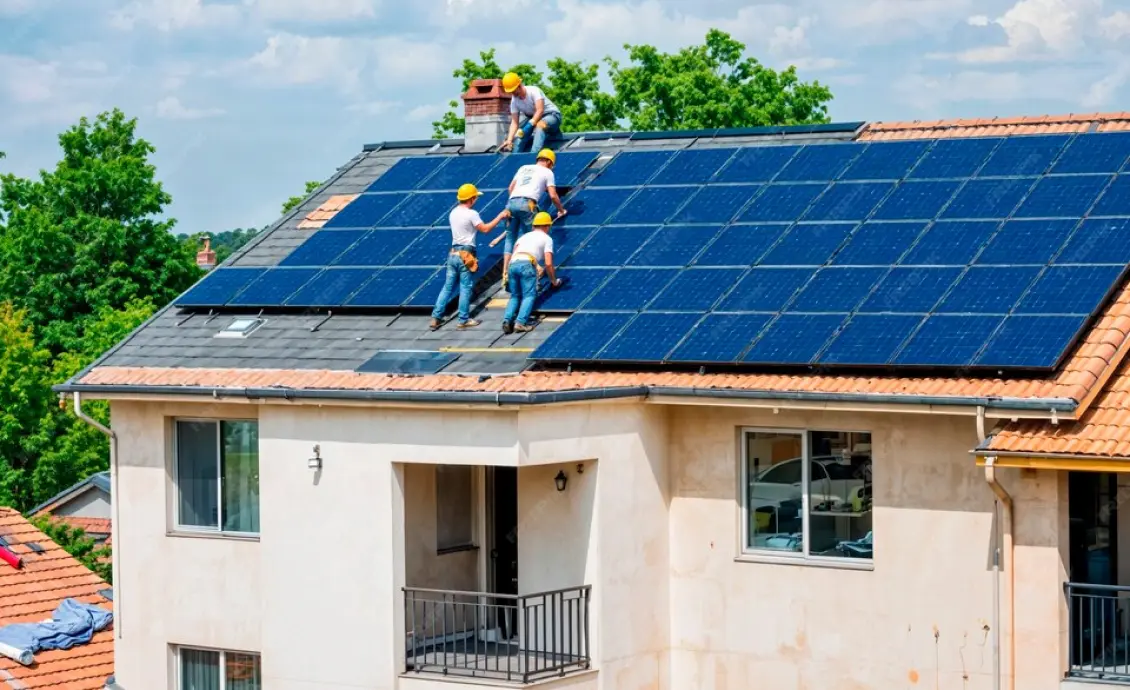 A solar panel system being inspected on a residential roof in Michigan under clear skies.