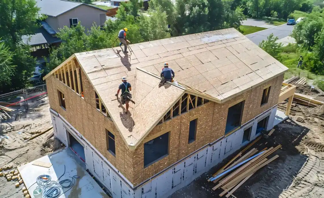 : A Michigan home with visible storm damage to the roof being inspected by a roofing professional after heavy wind and rain.