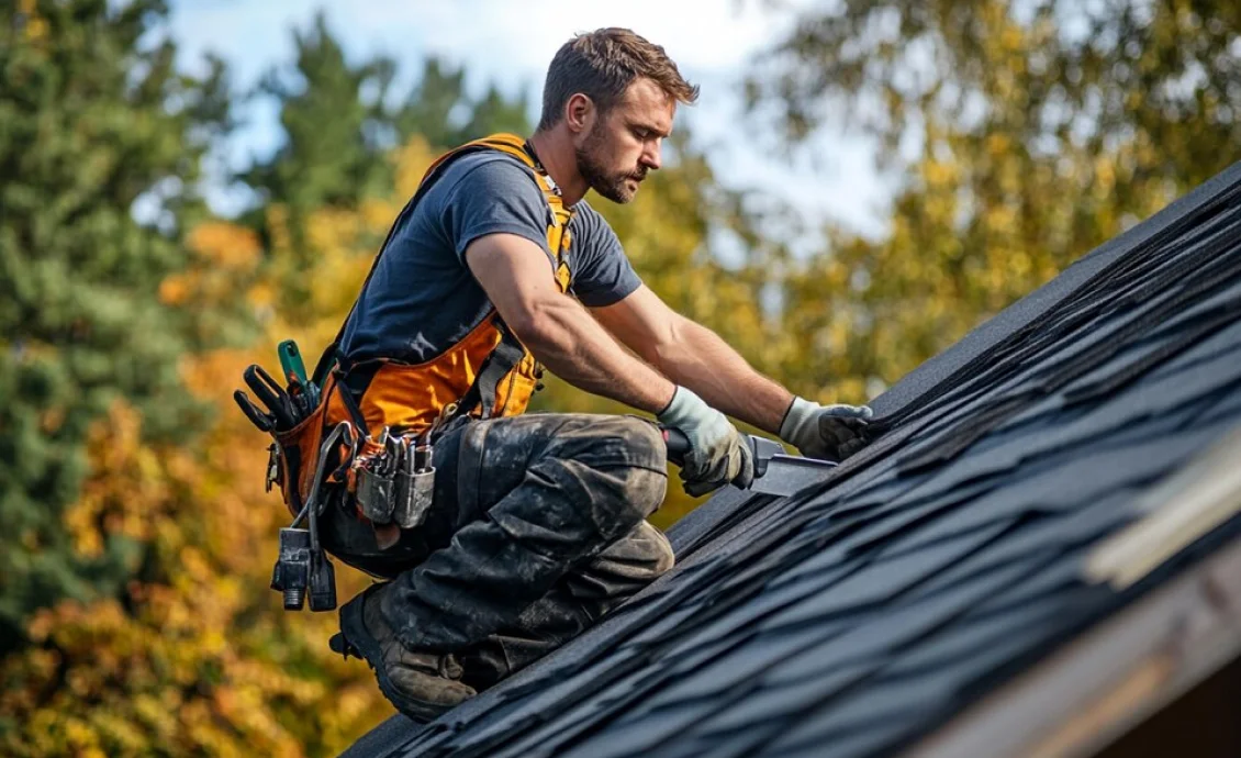 : A Michigan roofer inspecting a residential roof for damage before winter snowfall.