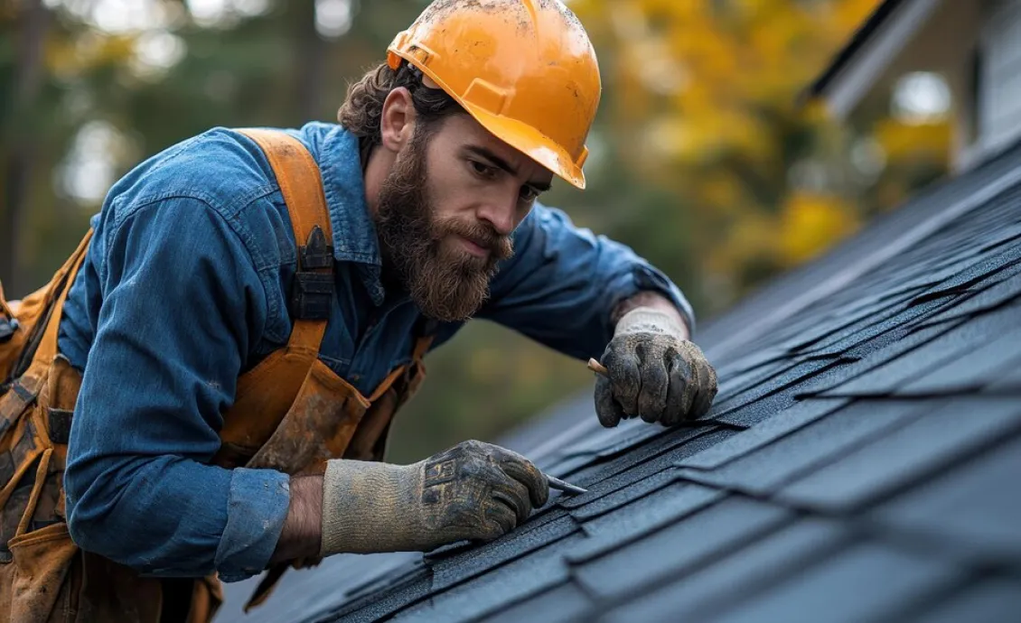 A Michigan roofer repairing a snow-covered roof to prevent further winter damage.