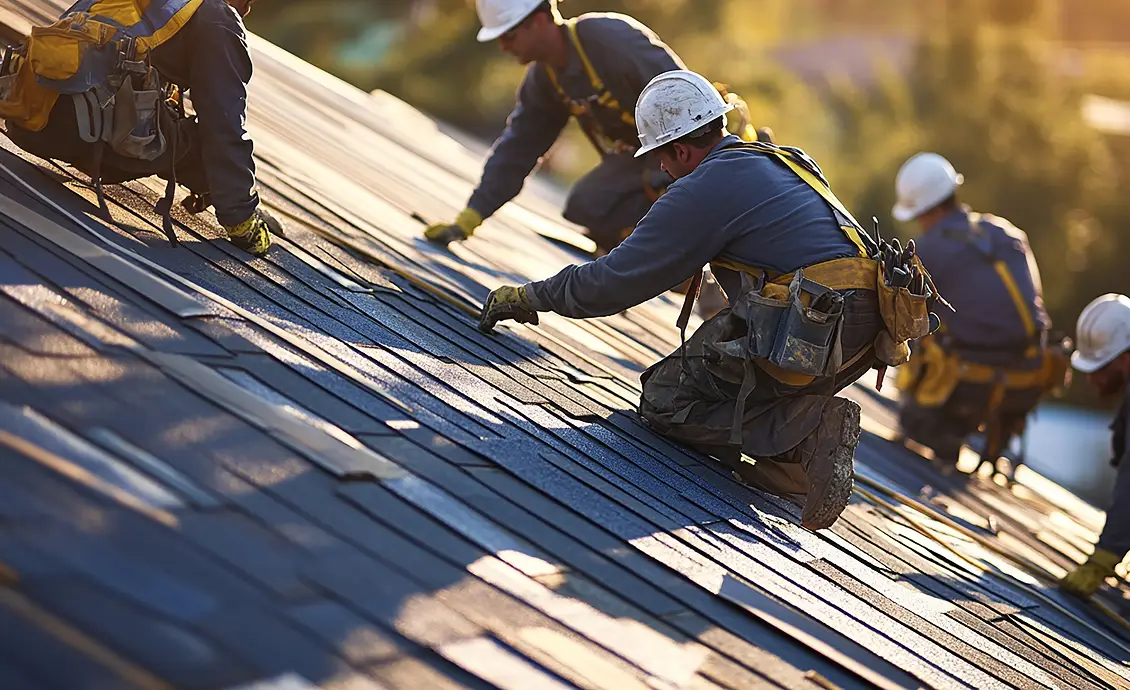 Alt text: A damaged roof in Cedar Springs, Michigan, with a roofing professional assessing the damage for emergency roofing services.