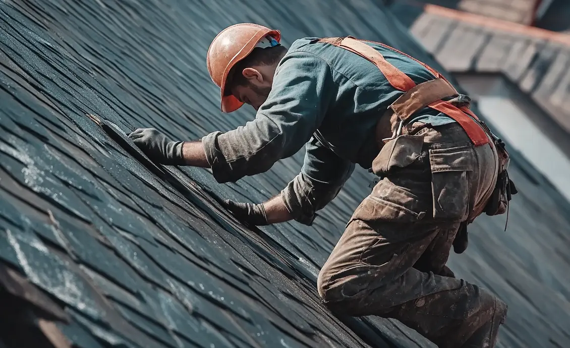 A professional roofer conducting a roof inspection on a home in Cedar Springs, Michigan, highlighting the benefits of regular roof inspections.
